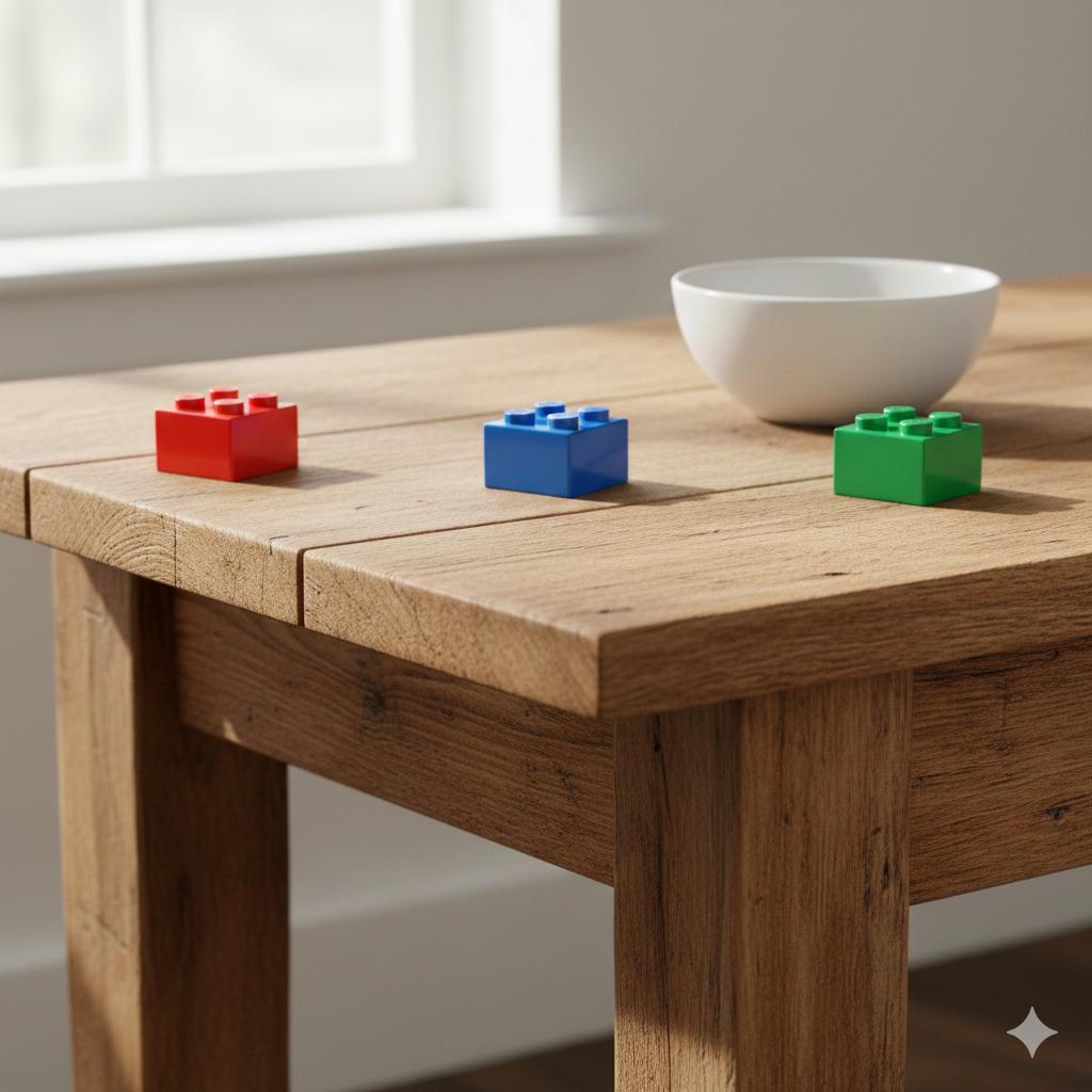 Input photo: A tabletop scene with colored blocks and a white ceramic bowl