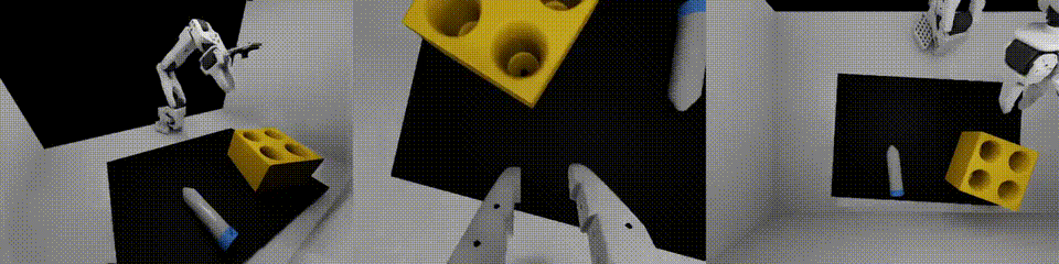 Simulated pick-and-place from 3 camera views: side, ego, and top